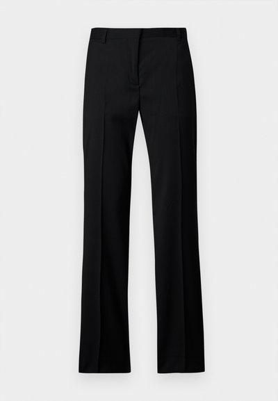 Black straight-leg trousers in smooth fabric, featuring a flat front, belt loops, and no visible pockets or embellishments.