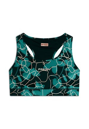 Top sportivo turchese con un motivo foglioso in verde chiaro e bianco, realizzato in un tessuto flessibile, con scollatura rotonda e design con schiena scoperta.