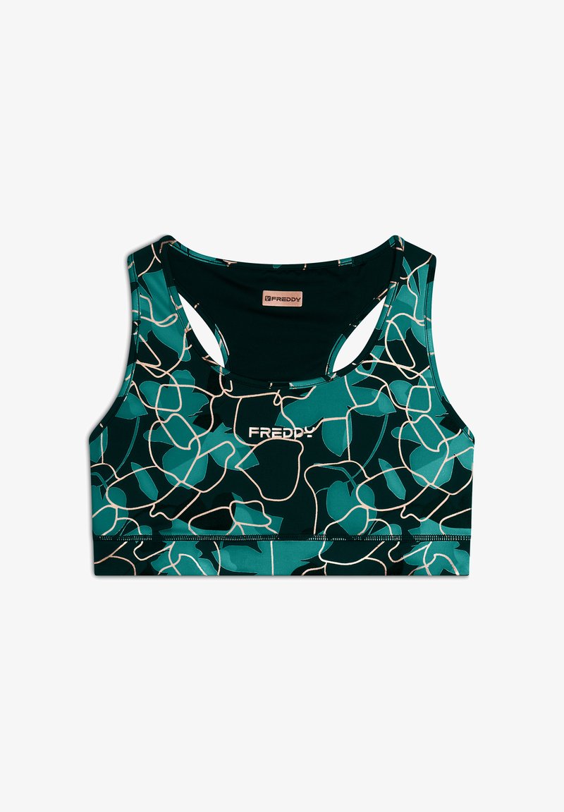 Top sportivo turchese con un motivo foglioso in verde chiaro e bianco, realizzato in un tessuto flessibile, con scollatura rotonda e design con schiena scoperta.