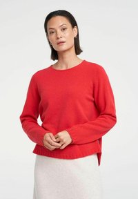 Roter Strickpullover mit langen Ärmeln, rundem Halsausschnitt und geripptem Saum. Besitzt einen lockeren Schnitt und eine weiche Textur, getragen über einem hellen Rock.