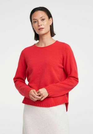 Red knitted sweater with long sleeves, round neckline, and ribbed hem. Features a relaxed fit and soft texture, worn over a light-colored skirt.
