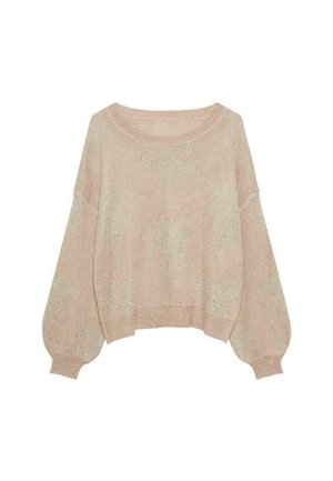 Suéter de punto rosa claro con un corte holgado, escote redondo y mangas largas abullonadas. Presenta un sutil patrón verde a lo largo.