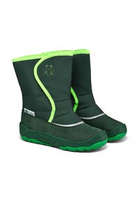Grüne wasserdichte Stiefel mit einem weichen, strukturierten Obermaterial und leuchtend grünen Akzenten. Mit einem Froschdesign und einer haltbaren Gummisohle mit Profil.