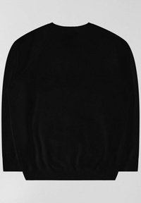 Maglione nero a maniche lunghe con orlo e polsini a costine, caratterizzato da una texture liscia e maniche raglan. Nessun motivo o hardware visibile.
