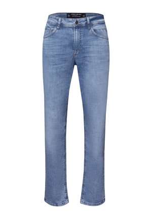 Herrenslim-Fit-Jeans in Blau mit Fronttaschen und Knopfverschluss, Größe 32, vor weißem Hintergrund dargestellt.
