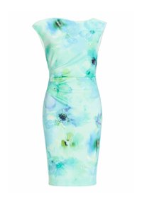 Blumenbedrucktes Kleid mit figurbetonter Silhouette, kurzen Ärmeln und einer Mischung aus grünen und blauen Farbtönen mit Aquarellblumen.