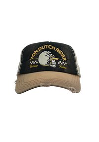 Schwarze und beige Kappe mit gesticktem "Von Dutch Rider"-Text, Totenkopf-Graphic und kariertem Muster. Abgegriffenes Finish am Schirm.