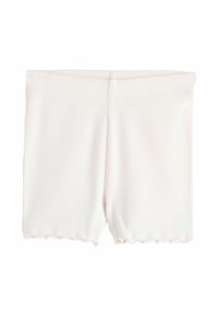 Jasnoróżowe prążkowane szorty o gładkiej fakturze, z falbankowym wykończeniem u dołu i elastycznym pasem dla wygodnego dopasowania.