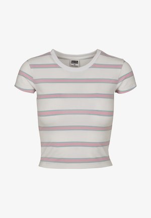 Camiseta ajustada de manga corta en algodón blanco con rayas horizontales en tonos pastel de azul claro y rosa. Presenta un cuello redondo y un diseño corto.
