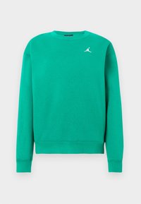 Grønn sweatshirt laget av myk tekstil, med rund hals, lange ermer, ribbestrikkede mansjetter og en liten hvit logo på brystet.
