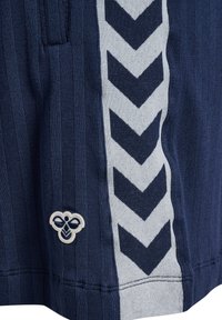 Tkanina prążkowana w kolorze granatowym i jasno szarym z pionowymi paskami i wzorem strzałek skierowanych do dołu obok małego haftowanego logo.