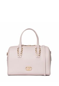 Sac à main rose clair en cuir texturé. Présente des accents en métal doré, des poignées doubles sur le dessus et une bandoulière amovible.
