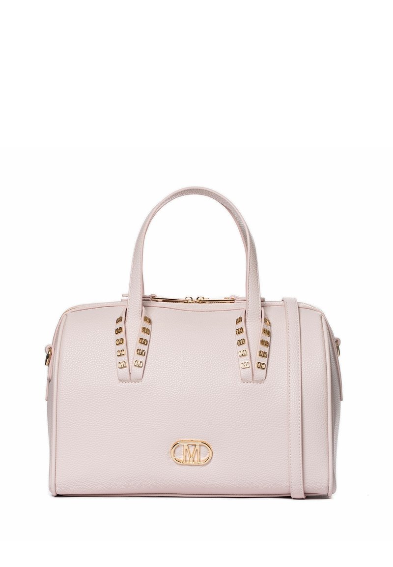 Sac à main rose clair en cuir texturé. Présente des accents en métal doré, des poignées doubles sur le dessus et une bandoulière amovible.