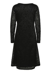 Black lace dress with long sleeves, featuring a floral pattern and a rounded neckline. A-line shape with a slightly flared hem.