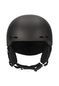 Black helmet with a smooth matte finish, circular shape, adjustable chin strap, and ventilation holes on the sides. Interior padding visible.