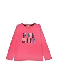 Langarm-Pink-T-Shirt mit mehrfarbigen, strukturierten Buchstaben, die "FUN SMILE" mit einem Herzdesign auf der Vorderseite spell. Weiches Baumwollmaterial.