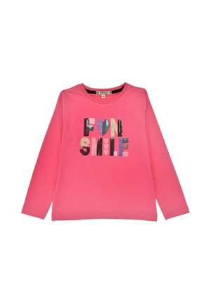 Langarm-Pink-T-Shirt mit mehrfarbigen, strukturierten Buchstaben, die "FUN SMILE" mit einem Herzdesign auf der Vorderseite spell. Weiches Baumwollmaterial.
