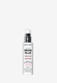 Revlon PhotoReady Prime Plus, un suave frasco blanco con una bomba plateada, presenta texto negro y acentos rojos, indica un primer para el cuidado de la piel y el maquillaje.