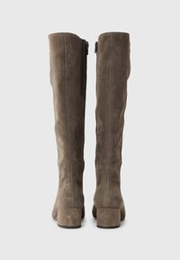 Bottes en suède marron jusqu'aux genoux avec un talon épais, dotées d'une fermeture éclair à l'arrière et d'une texture lisse. Design simple et silhouette classique.