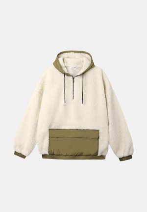 Fleece-Hoodie in Creme mit einem olivgrünen Nylon-Taschen- und Kapuzenbereich. Verfügt über einen halben Front-Reißverschluss und elastische Bündchen für eine körpernahe Passform.