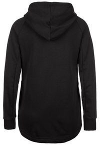 Sweat-shirt à capuche noir avec des manches longues, présentant une texture lisse et un ourlet arrondi. Pas de marquage visible ni de détails supplémentaires.