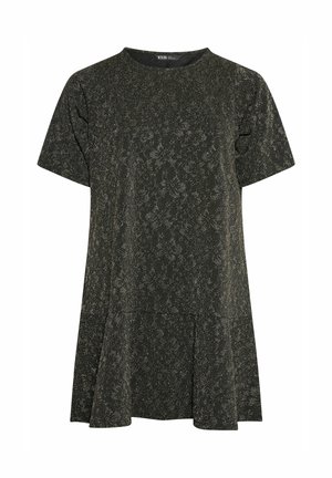 Grünes Kurzarmkleid mit einem strukturierten Blumenmuster und ausgestelltem Saum, hergestellt aus leichtem Stoff mit einem subtilen Glanz.