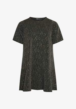 Vihreä lyhythihainen mekko, jossa on teksturoitu kukkakuosi ja levenevä helma. Valmistettu kevyestä kankaasta, jossa on hienovarainen kiilto.