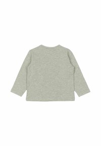 Világosszürke, hosszú ujjú pamut felső, kerek nyakkivágással és laza fazonnal, amely sima, puha textúrával és minimális varrással rendelkezik.