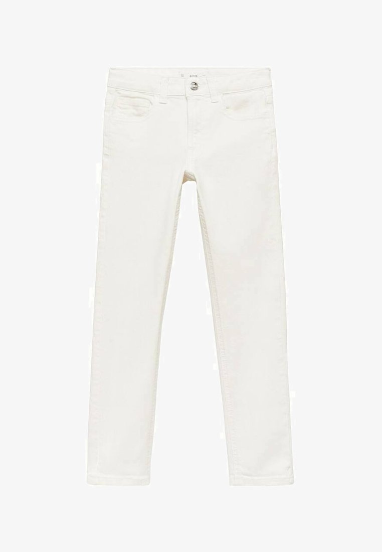 Bele jeans z ozkim krojem, petimi žepi in zadrgo. Opremljene so z diskretnimi šivi in gladko teksturo.