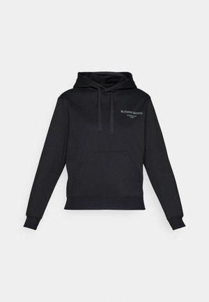 Black hoodie made of soft material with a front pocket, drawstring hood, and green brand logo text on the chest. Simple design and fit.