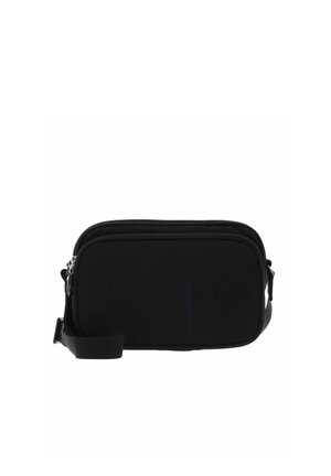 Bolso bandolera rectangular negro con dos compartimentos con cremallera y una correa de hombro ajustable sobre un fondo blanco.