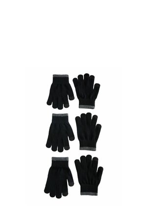 Gants en tricot noirs exposés par paires, présentant un accent en gris côtelé au niveau du poignet. Le tissu est doux et offre un ajustement confortable.