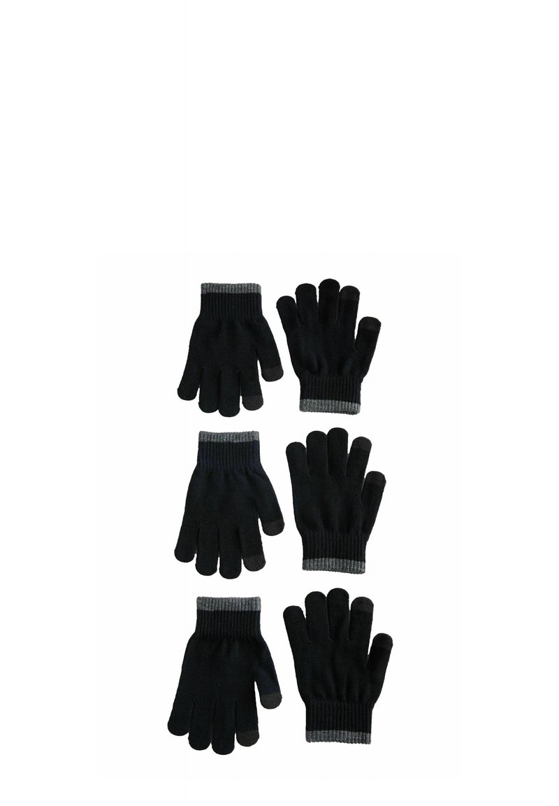Gants en tricot noirs exposés par paires, présentant un accent en gris côtelé au niveau du poignet. Le tissu est doux et offre un ajustement confortable.