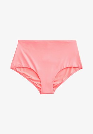 Bas de bikini femme taille haute en rose corail uni avec tissu lisse et coutures nettes, posé à plat sur fond blanc.