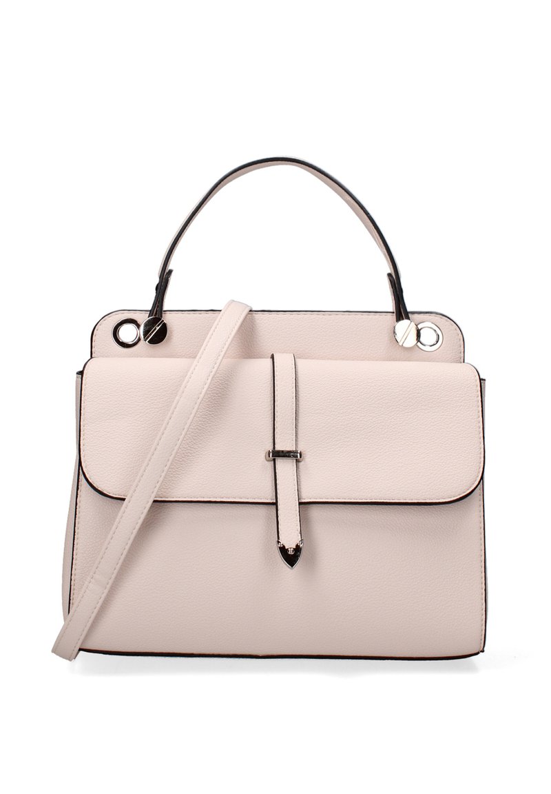 Sac à main en cuir rose structuré avec une poignée supérieure et une bandoulière amovible. Il dispose d'un rabat à l'avant et d'accents métalliques sur la fermeture.