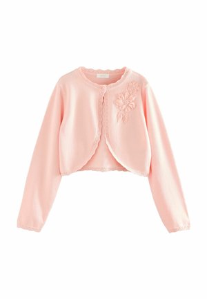 Cardigan court rose en tricot doux, présentant un col festonné, une fermeture à boutons et une broderie florale à l'avant.