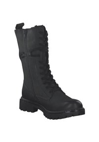 Black leather knee-high boots with a lace-up front, side zipper, chunky rubber sole, and reinforced toe; smooth texture, sturdy design.