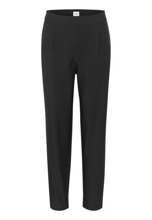 Pantalon noir en tissu lisse et extensible. Présente une taille élastique et deux poches avant avec une coupe ajustée.