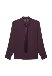 Camicia a maniche lunghe in una profonda tonalità di prugna, con un fiocco in satin abbinato, caratterizzata da un colletto classico e chiusura a bottoni, realizzata in un tessuto morbido.
