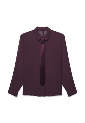 Camicia a maniche lunghe in una profonda tonalità di prugna, con un fiocco in satin abbinato, caratterizzata da un colletto classico e chiusura a bottoni, realizzata in un tessuto morbido.