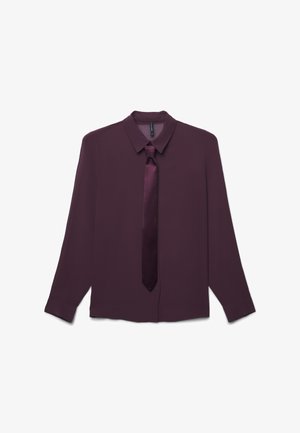 Camicia a maniche lunghe in una profonda tonalità di prugna, con un fiocco in satin abbinato, caratterizzata da un colletto classico e chiusura a bottoni, realizzata in un tessuto morbido.