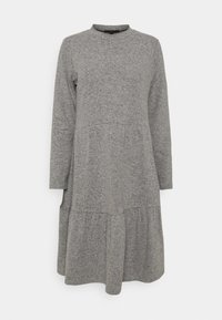Abito grigio a maniche lunghe realizzato in un tessuto testurizzato con una vestibilità rilassata, caratterizzato da un collo rotondo e un design a gonna a strati.