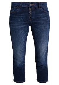 Tmavě modré denimové capri kalhoty s pěticípým zapínáním, dvěma předními kapsami a rovný střih nohavic.