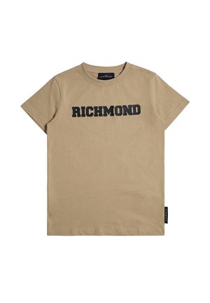 T-shirt beige a manica corta con scollo rotondo e scritta nera in grassetto "RICHMOND" al centro davanti.