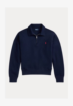 Tumesinine neljandik lukuga dressipluus krae, soonikkoes varrukaotste ja äärega ning punase brodeeritud Polo Ralph Laureni logoga rinnal.