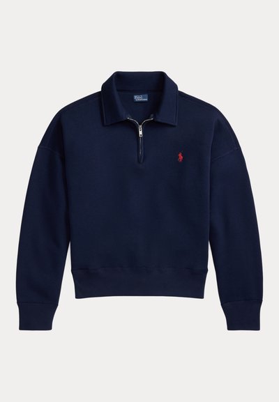 Sudadera de cuello alto con cremallera hasta un cuarto, en azul marino, con cuello, puños y dobladillo acanalados, y logo bordado de Polo Ralph Lauren en rojo en el pecho.