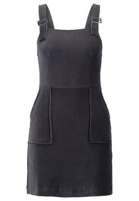 Svart kordfluga ärmlös hängselklänning med justerbara spännen och två framfickor, knälång.