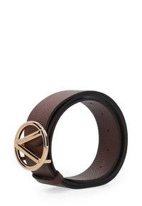 Brown leather cuff bracelet with a textured finish, featuring a gold-toned circular clasp with a geometric design and adjustable fastening.