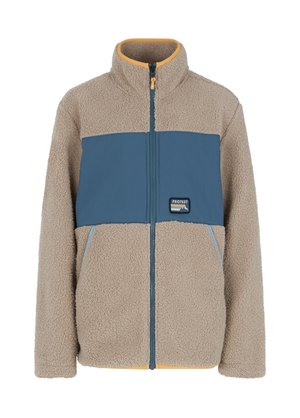 Veste en polaire légère avec une texture beige, un devant en panneaux bleus et un col jaune. Dispose d'une fermeture éclair frontale et d'un patch logo.