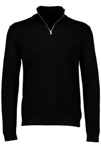 Schwarzer Strickpullover mit hohem Kragen und halbem Reißverschluss. Verfügt über lange Ärmel und gerippte Bündchen und bietet eine glatte Textur.